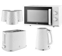 Swan Windsor White 6-Piece Kitchen Set - 1.7L 3000W Kettle, 2-Slice Toaster, 800W 20L Microwave & 3 Canisters