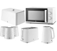 Swan Windsor White 7 Piece Kitchen Appliance & Storage Set - 1.7L 3KW Kettle, 2 Slice Toaster, 20L 800W Microwave, Bread Bin & Canisters Bundle Set - Textured Gloss Finish with Chrome Accents