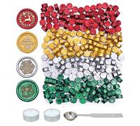 SWANGSA 360 Pieces Gold Red Green Silver Sealing Wax Beads Kit with 2 Pieces Tea Candles and 1 Piece Wax Melting Spoon for Wax Seal Stamp (Christmas Seal Wax)