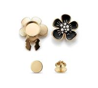 SWANISTANBUL 4 Pcs Versatile Brass Clip on Button Covers and Matching Stainless Steel Gold Brooch Pin Set in Gift Box for Women, Detachable Accessories for Clothing, Black Enamel Flower