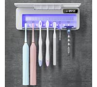 SwanKiss UV Toothbrush Sanitizer Holder, 5+1+1 Slots Portable Toothbrush Holder, Rechargeable Wall Mounted Tooth Brushing Holder with Heating Functions, Without Drilling (White)