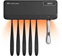 SwanKiss UV Toothbrush Sanitizer Holder, 5+1+1 Slots Portable Toothbrush Holder, Rechargeable Wall Mounted Tooth Brushing Holder with Heating Functions, Without Drilling (Black)