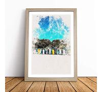 Swanpool Beach Huts in Falmouth Watercolour Framed Wall Art Picture Print - Canvas Painting - Modern Home Décor Poster - Ready to Hang for Living Room Bedroom Kitchen - Oak A1 (66 x 90 cm)