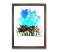 Swanpool Beach Huts In Falmouth Watercolour Modern Framed Print | A4 Walnut Framed Wall Art | Ready to Hang | Modern Beach Picture | Living Room Bedroom Lounge Office