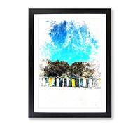 Swanpool Beach Huts In Falmouth Watercolour Modern Framed Wall Art Print, Ready to Hang Picture for Living Room Bedroom Home Office Décor, Black A4 (34 x 25 cm)