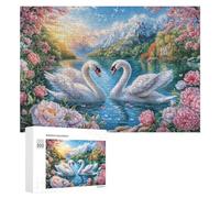 Swans Amidst Blossoms Before Snowy Peaks 300 Piece Jigsaw Puzzle for Adults Indoor Relaxation Session Focus Enhancement Gift for Evenings 300 PCS