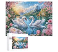 Swans Amidst Blossoms Before Snowy Peaks 500 Piece Jigsaw Puzzle for Seniors Indoor Mind Game Cognitive Balance Gift for Leisure Time 500 PCS