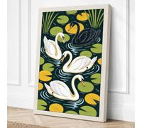 Swans Among Lily Pads Japandi Canvas Wall Art Print 36x24 Inch (91 x 61 cm)