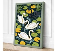 Swans Among Lily Pads Japandi Canvas Wall Art Print 36x24 Inch (91 x 61 cm)