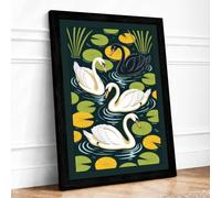 Swans Among Lily Pads Japandi Framed Wall Art Print A2 (59.4×42cm) Black, Wall Decor for Living Room, Bedroom, Office & Home, Ready to Hang, Art Gift