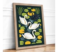 Swans Among Lily Pads Japandi Framed Wall Art Print A2 (59.4×42cm) Oak, Wall Decor for Living Room, Bedroom, Office & Home, Ready to Hang, Art Gift