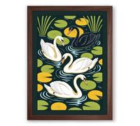 Swans Among Lily Pads Japandi Framed Wall Art Print A3 (42×29.7cm) Walnut, Wall Decor for Living Room, Bedroom, Office & Home, Ready to Hang, Art Gift