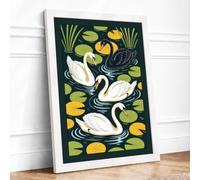 Swans Among Lily Pads Japandi Framed Wall Art Print A3 (42×29.7cm) White, Wall Decor for Living Room, Bedroom, Office & Home, Ready to Hang, Art Gift