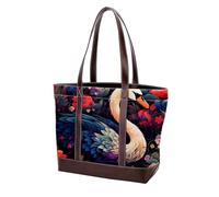 Swans and Flowers-1497 Shoulder Purses for Women Large Soft Washed Leather Purses and Durable Handbags, Multicolor 03, 33.8x12x31cm/13.3x4.7x12.2 in