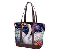 Swans and Flowers-1497 Shoulder Purses for Women Large Soft Washed Leather Purses and Durable Handbags, Multicolor 10, 33.8x12x31cm/13.3x4.7x12.2 in