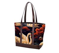 Swans and Flowers-1530 Shoulder Purses for Women Large Soft Washed Leather Purses and Durable Handbags, Multicolor 01, 33.8x12x31cm/13.3x4.7x12.2 in