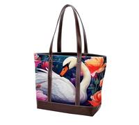 Swans and Flowers-1530 Shoulder Purses for Women Large Soft Washed Leather Purses and Durable Handbags, Multicolor 07, 33.8x12x31cm/13.3x4.7x12.2 in
