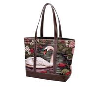 Swans and Flowers-1530 Shoulder Purses for Women Large Soft Washed Leather Purses and Durable Handbags, Multicolor 04, 33.8x12x31cm/13.3x4.7x12.2 in
