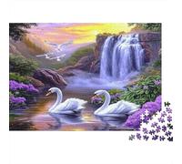 Swans at Waterfall Jigsaw Puzzles. 52x38cm/1000pcs Landscape Painting Whimsical Challenge Toy for Educational Games Gifts