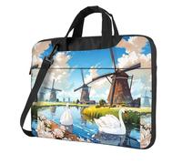 Swans by the windmill Printed Laptop Bag Laptop Tote Bag Suitable For Travel And Office Use, Black, 14 inch