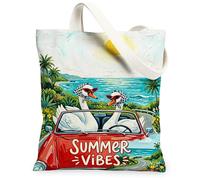 Swans Canvas Tote Bag for Women, Summer Tropical Car Sun Summer Blue Washable Reusable Everyday Tote Bag Ideas for Travel W, Blue, 13x15 Inch