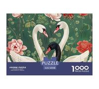 Swans Flowers Challenging Puzzles 1000 Piece - Two White Swans And One Black Swan with Roses for Men And Women Puzzle for Adults Gifts Wall Decoration52x38cm/1000pcs