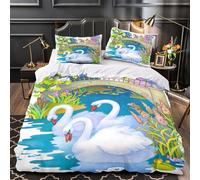 Swans in pond 3D Digital Print Duvet Insert Cover 3pc Ultra-Soft Microfibre Light Illustrated children's scene Quilt Cover 2 Pillowcases Concealed Zipper Bed Linen Teens Room Double（200x200cm）