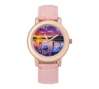 Swans in The Lake Landscape Women's PU Leather Strap Watch Analog Quartz Watch Casual Wristwatch for Home Work