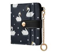 Swans Stars Black Pattern Small Women Wallet Bifold RFID Blocking Leather Compact Card Holder with Zipper Coin Pocket Purse for Ladies Girls Women
