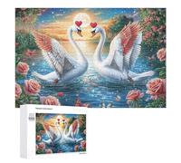 Swans with Pink Hearts Among Roses 1000 Piece Jigsaw Puzzle for Seniors Indoor Puzzle Game Memory Support Gift for Appreciation 1000 PCS