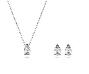 Swarovski Attract Pear Jewellery Set, Women's Drop-Shaped Pendant Necklace and Matching Stud Earrings with White Crystals in a Rhodium Plated Setting