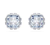 Birthstone stud earrings, Square cut, March, Blue, Rhodium plated