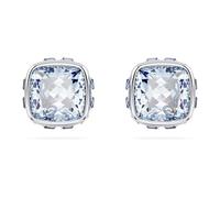 Birthstone stud earrings, Square cut, March, Blue, Rhodium plated