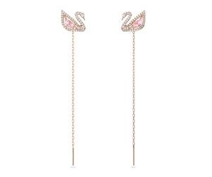 Swarovski Dazzling Swan Collection Women's Pierced Earrings Swan Motif Pink and White Crystals with Rose-Gold Tone Plated Post and Removable Chains