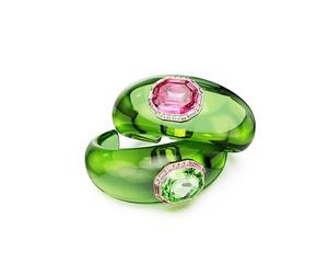 Swarovski Dulcis Cuff Bracelet Set, 2 Open Green Bands with Pink and Green Octagon-Cut Crystals in a Gold-Tone Finished Frame, Size M, Part of the Dulcis Collection