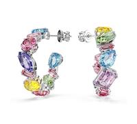 Gema hoop earrings, Asymmetrical design, Mixed cuts, Small, Multicoloured, Rhodium plated