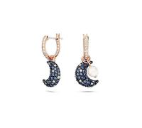 Swarovski Luna Drop Earrings with Crescent Moon Motif and Crystal Pavé in Dark Tones, Asymmetrical Design, Rose Gold-Tone Plated Setting, from the Swarovski Luna Collection