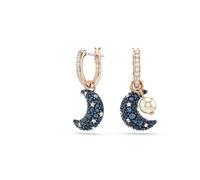 Swarovski Luna Drop Earrings with Crescent Moon Motif and Crystal Pavé in Dark Tones, Asymmetrical Design, Rose Gold-Tone Plated Setting, from the Swarovski Luna Collection