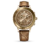 Swarovski Lux Chronograph Watch, Brown Leather Strap, Gold Tone Sunray Dial and Crystal Details, from The Octea Collection