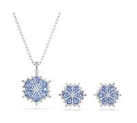 Swarovski Magic Jewellery Set, Pendant Necklace & Stud Earrings Featuring a Snowflake Motif with Blue Kite-Cut Crystals in a Rhodium-Finished Setting, Part of the Magic Collection