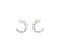 Swarovski Matrix Hoop Earrings, Crystal Pearl Studs with Ring of Clear Round-Cut Stones in a Rhodium-Finished Setting, Part of the Swarovski Matrix Collection