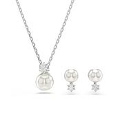 Swarovski Matrix Necklace and Earring Set, Crystal Pearls and Clear Round-Cut Stones in a Rhodium-Finished Setting, Part of the Matrix Collection
