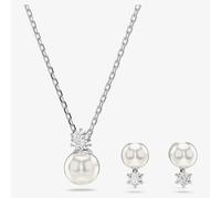 Swarovski Matrix Necklace and Earring Set, Crystal Pearls and Clear Round-Cut Stones in a Rhodium-Finished Setting, Part of the Matrix Collection