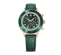 Swarovski Octea Chrono watch, Swiss Made, Leather strap, Green, Rose gold-tone finish