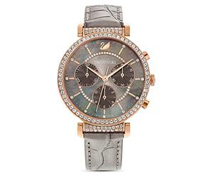Swarovski Passage Chrono Watch, Leather Strap, Grey, Rose Gold-Tone Finish