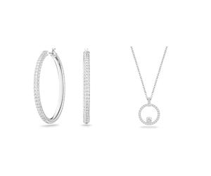 Swarovski Stone hoop earrings, White, Rhodium plated & Creativity pendant, Circle, White, Rhodium plated