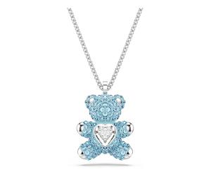 Swarovski Teddy Pendant Necklace, 3D Bear with Blue Crystals and Central Clear Heart-Shaped Dancing Stone in a Rhodium-Finished Setting, Part of the Teddy Collection
