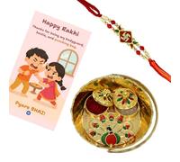 Swastik Rakhi with Quirky Raksha Bandhan Card, kumkum & Decorative Pooja Thali (10cm) Traditional Rakhi Combo for Brother, One Size, Brass, Rhinestone