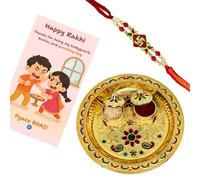Swastik Rakhi with Quirky Raksha Bandhan Card, kumkum & Decorative Pooja Thali (14cm) Traditional Rakhi Combo for Brother, One Size, Brass, Rhinestone