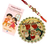 Swastik Rakhi with Quirky Raksha Bandhan Card, kumkum & Decorative Pooja Thali (18cm) Traditional Rakhi Combo for Brother, One Size, Brass, Rhinestone